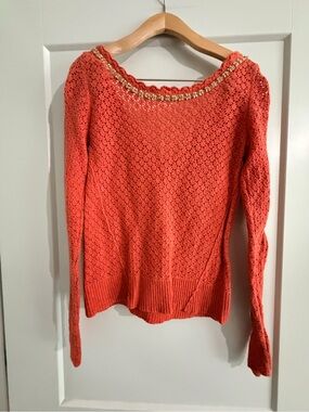 Free People Coral Open-Knit Sweater with Gold-Trim Neckline